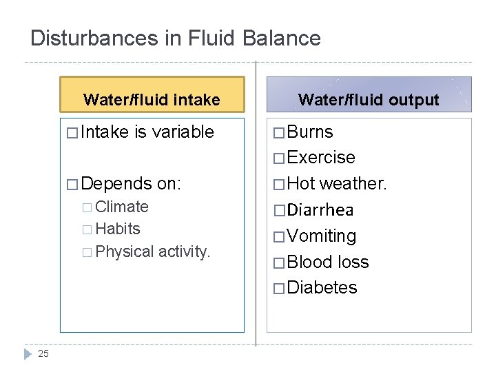 Disturbances in Fluid Balance Water/fluid intake � Intake is variable Water/fluid output � Burns