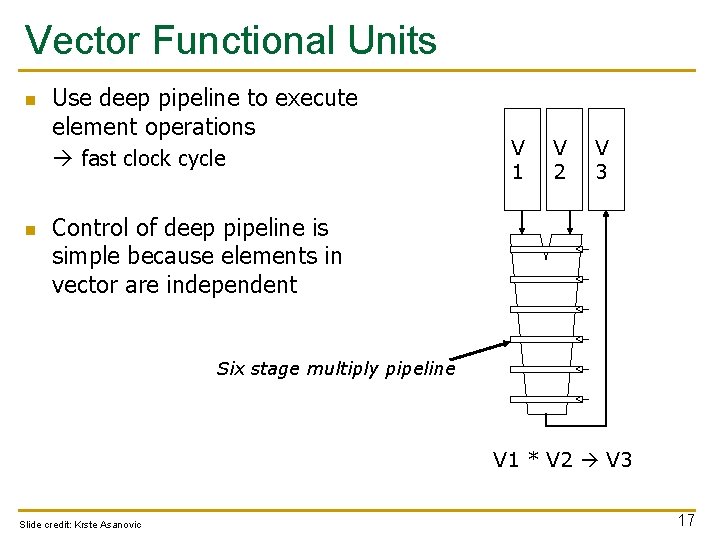 Vector Functional Units n Use deep pipeline to execute element operations fast clock cycle