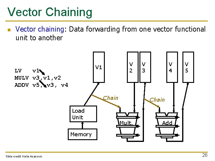Vector Chaining n Vector chaining: Data forwarding from one vector functional unit to another