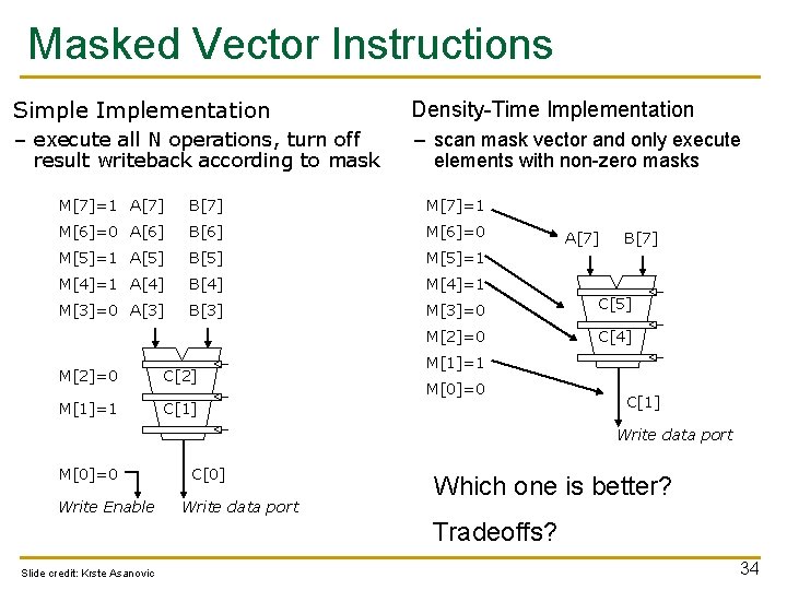 Masked Vector Instructions Simple Implementation Density-Time Implementation – execute all N operations, turn off