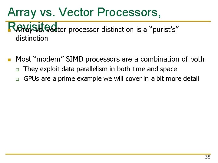 Array vs. Vector Processors, Revisited n Array vs. vector processor distinction is a “purist’s” Array vs. Vector Processors, Revisited n Array vs. vector processor distinction is a “purist’s”