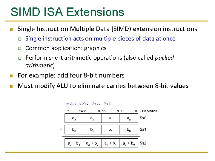 SIMD ISA Extensions n Single Instruction Multiple Data (SIMD) extension instructions q q q