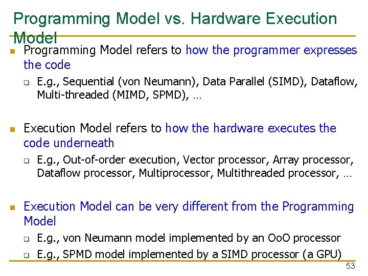 Programming Model vs. Hardware Execution Model n Programming Model refers to how the programmer