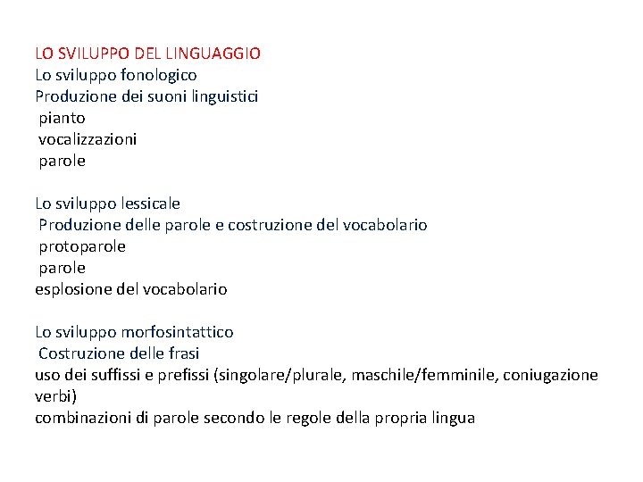 LO SVILUPPO DEL LINGUAGGIO Lo sviluppo fonologico Produzione dei suoni linguistici pianto vocalizzazioni parole