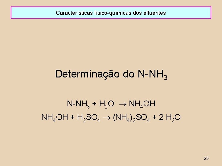 Características físico-químicas dos efluentes Determinação do N-NH 3 + H 2 O ® NH