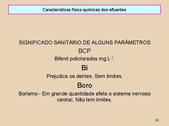 Características físico-químicas dos efluentes SIGNIFICADO SANITÁRIO DE ALGUNS PAR METROS BCP Bifenil policlorados mg.
