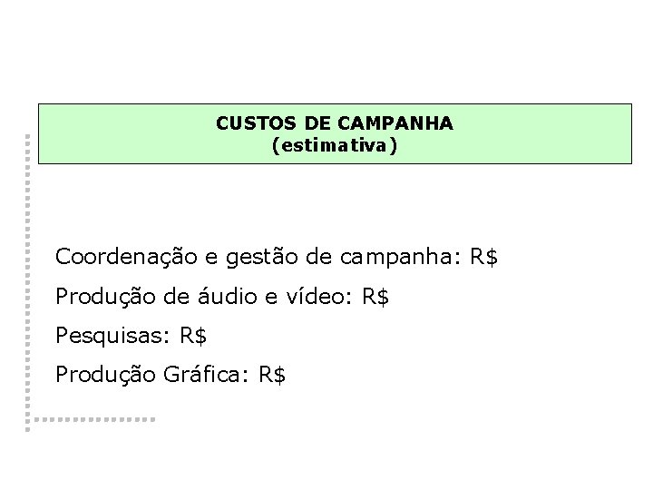 CUSTOS DE CAMPANHA (estimativa) Coordenação e gestão de campanha: R$ Produção de áudio e