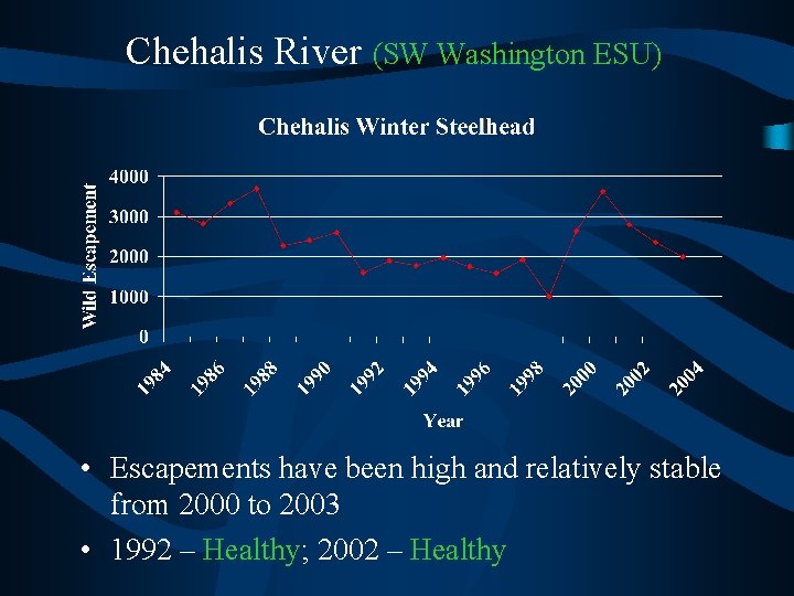 Chehalis River (SW Washington ESU) • Escapements have been high and relatively stable from