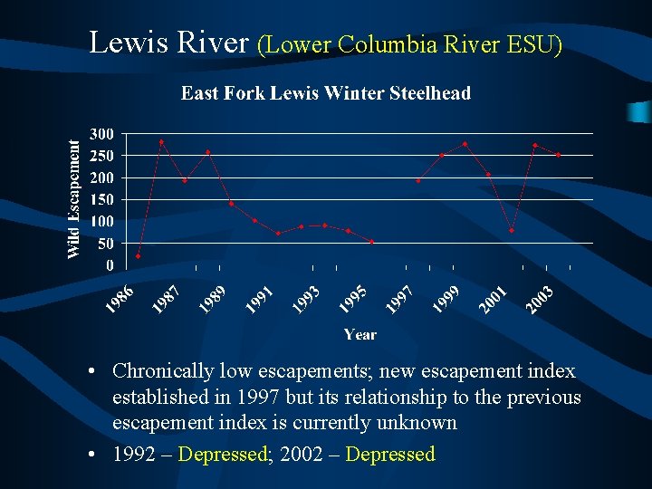 Lewis River (Lower Columbia River ESU) • Chronically low escapements; new escapement index established