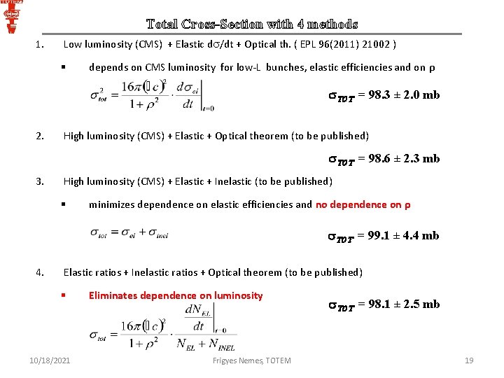 Total Cross-Section with 4 methods 1. Low luminosity (CMS) + Elastic d /dt +