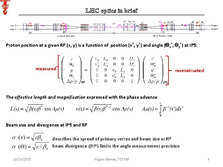 LHC optics in brief Proton position at a given RP (x, y) is a