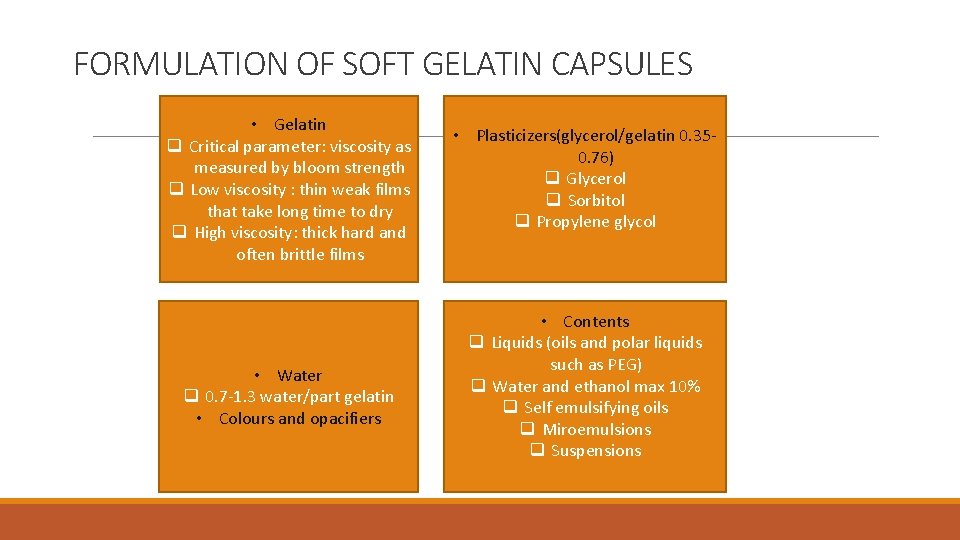 FORMULATION OF SOFT GELATIN CAPSULES • Gelatin q Critical parameter: viscosity as measured by