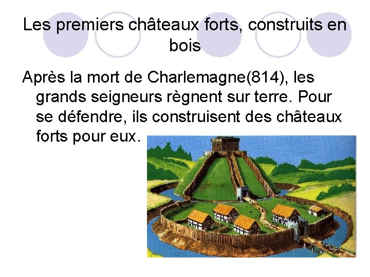 Les premiers châteaux forts, construits en bois Après la mort de Charlemagne(814), les grands