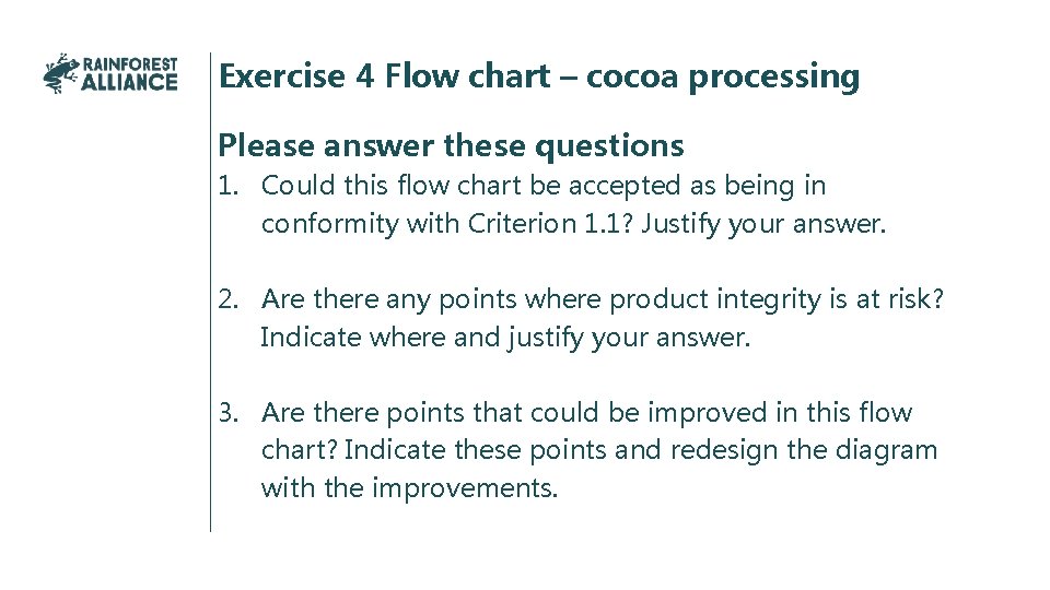 Exercise 4 Flow chart – cocoa processing Please answer these questions 1. Could this