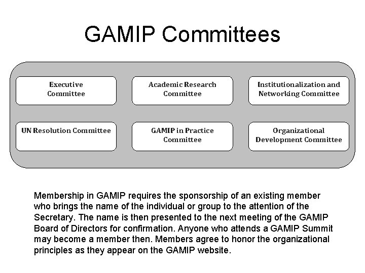 GAMIP Committees Executive Committee Academic Research Committee Institutionalization and Networking Committee UN Resolution Committee