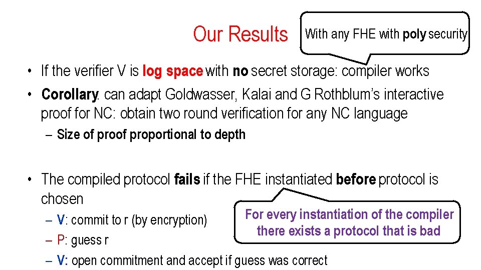 Our Results With any FHE with poly security • If the verifier V is