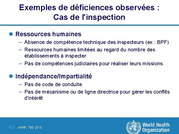 Exemples de déficiences observées : Cas de l'inspection l Ressources humaines – Absence de