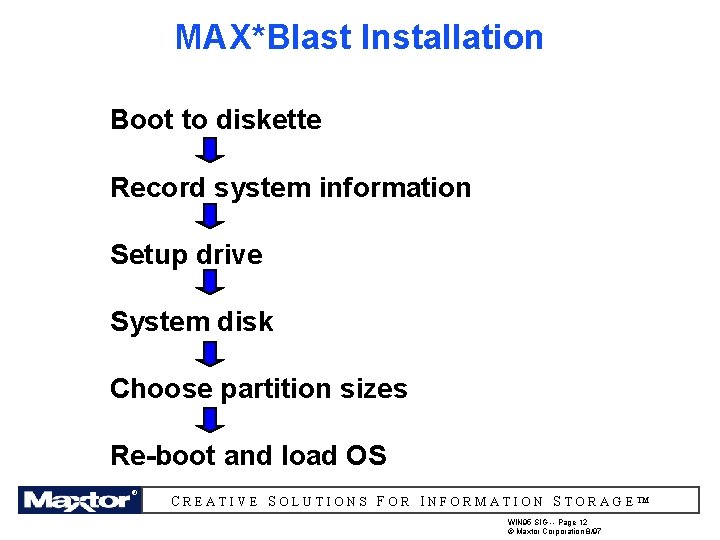 MAX*Blast Installation Boot to diskette Record system information Setup drive System disk Choose partition