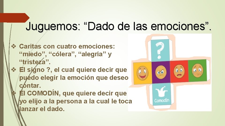 Juguemos: “Dado de las emociones”. v Caritas con cuatro emociones: “miedo”, “cólera”, “alegría” y