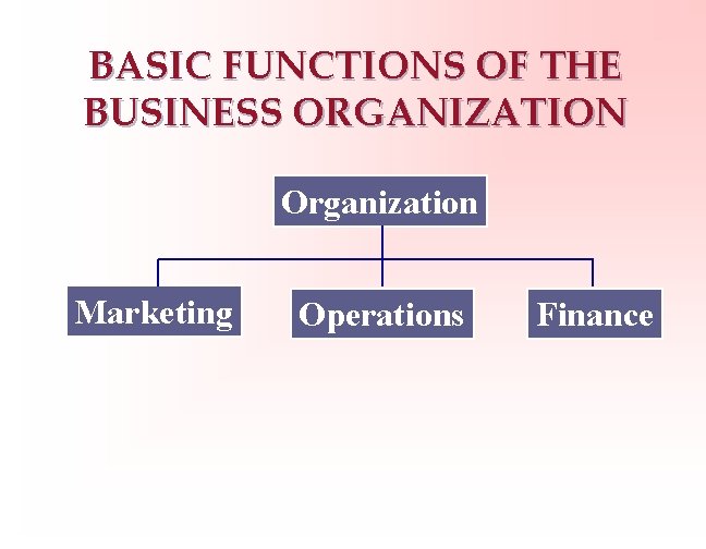 BASIC FUNCTIONS OF THE BUSINESS ORGANIZATION Organization Marketing Operations Finance 