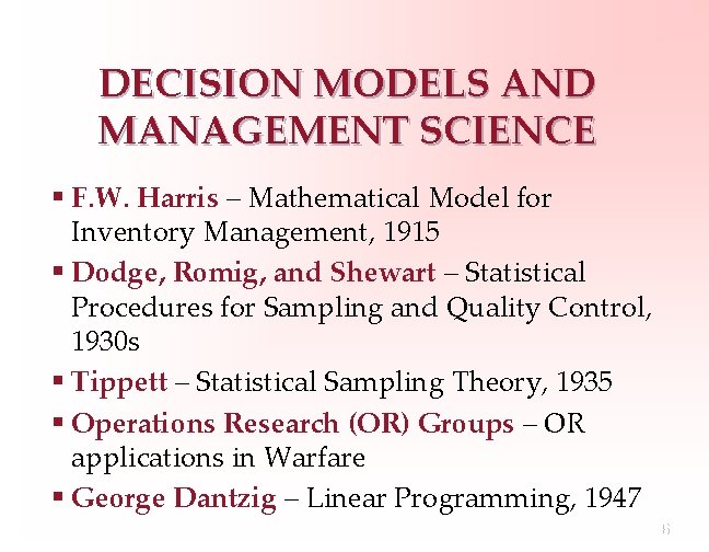 DECISION MODELS AND MANAGEMENT SCIENCE § F. W. Harris – Mathematical Model for Inventory