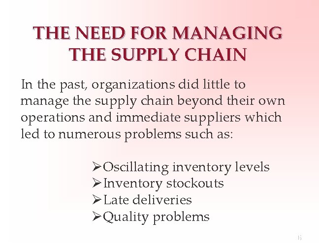 THE NEED FOR MANAGING THE SUPPLY CHAIN In the past, organizations did little to