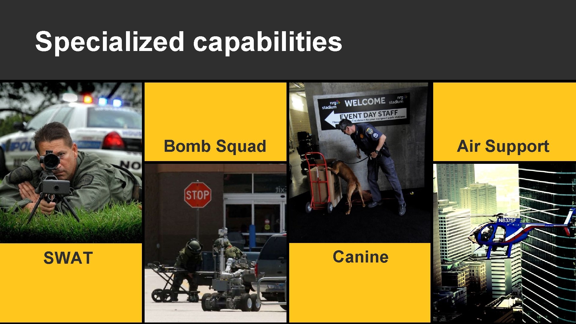 Specialized capabilities Bomb Squad SWAT Air Support Canine 