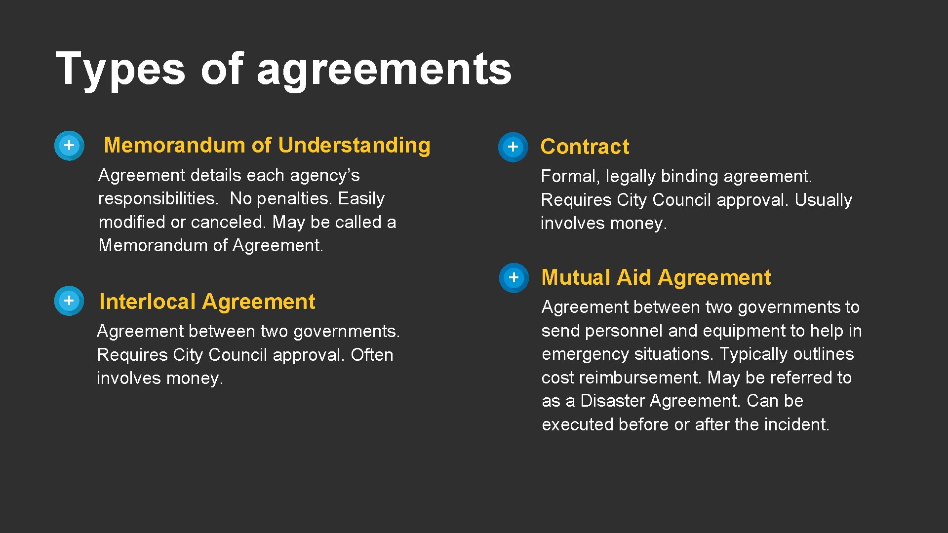 Types of agreements Memorandum of Understanding Contract Agreement details each agency’s responsibilities. No penalties.