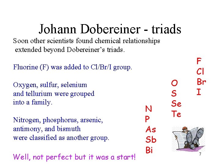 Johann Dobereiner - triads Soon other scientists found chemical relationships extended beyond Dobereiner’s triads.