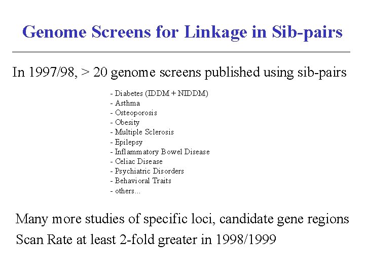 Genome Screens for Linkage in Sib-pairs In 1997/98, > 20 genome screens published using