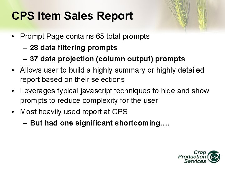 CPS Item Sales Report • Prompt Page contains 65 total prompts – 28 data