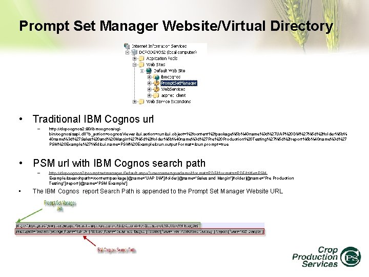 Prompt Set Manager Website/Virtual Directory • Traditional IBM Cognos url – http: //dcpcognos 2: