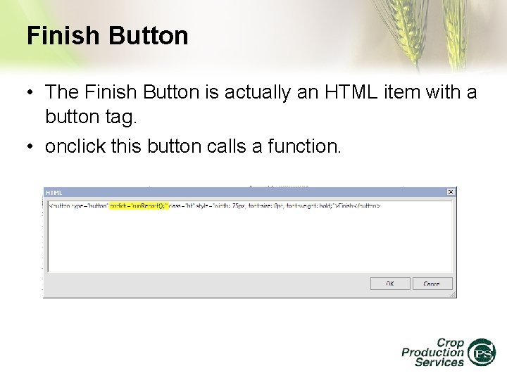 Finish Button • The Finish Button is actually an HTML item with a button