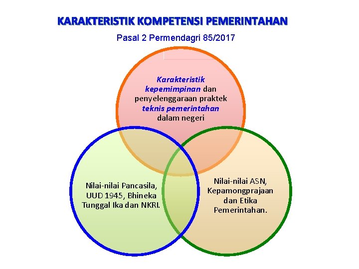 KARAKTERISTIK KOMPETENSI PEMERINTAHAN Pasal 2 Permendagri 85/2017 Karakteristik kepemimpinan dan penyelenggaraan praktek teknis pemerintahan