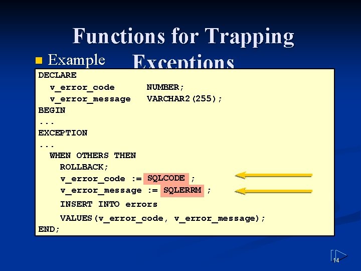 Functions for Trapping n Example Exceptions DECLARE v_error_code v_error_message BEGIN. . . EXCEPTION. .