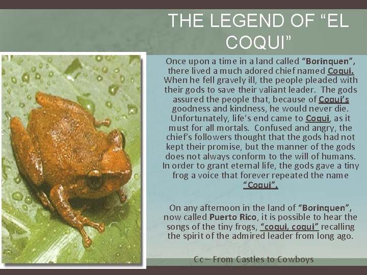 THE LEGEND OF “EL COQUI” Once upon a time in a land called “Borinquen”,