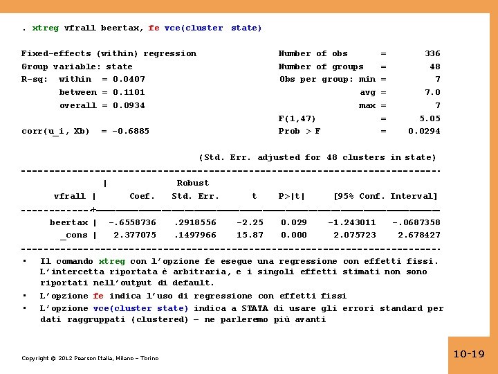 . xtreg vfrall beertax, fe vce(cluster state) Fixed-effects (within) regression Group variable: state R-sq: