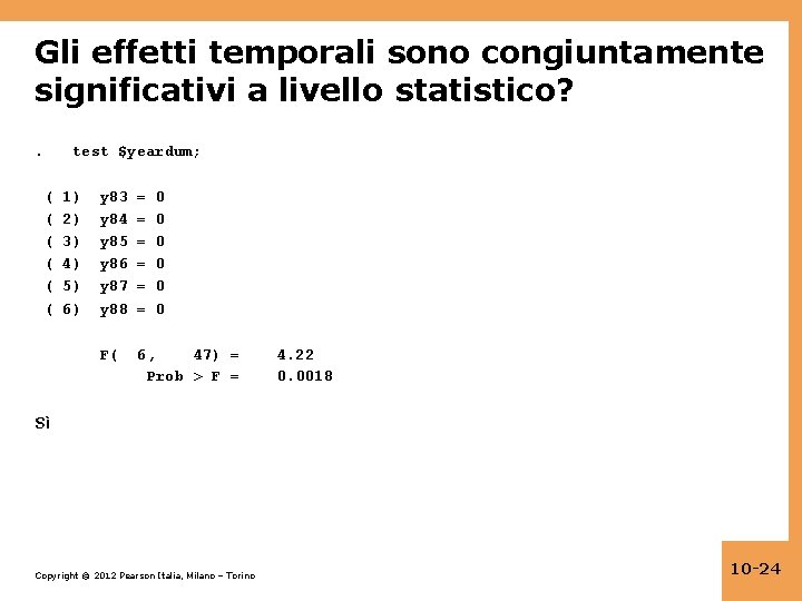 Gli effetti temporali sono congiuntamente significativi a livello statistico? . test $yeardum; ( (