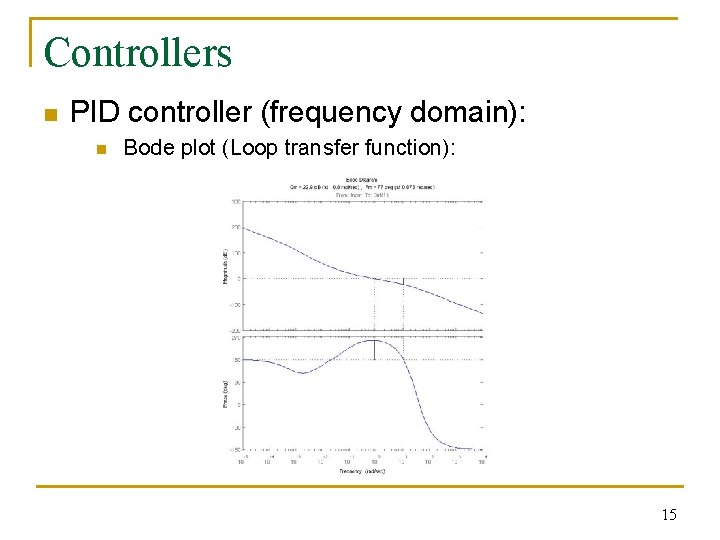 Controllers n PID controller (frequency domain): n Bode plot (Loop transfer function): 15 