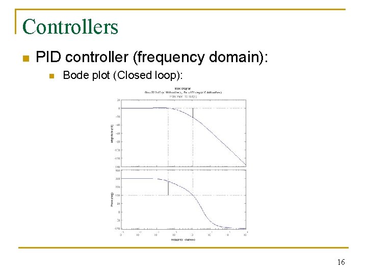 Controllers n PID controller (frequency domain): n Bode plot (Closed loop): 16 