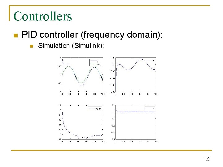 Controllers n PID controller (frequency domain): n Simulation (Simulink): 18 