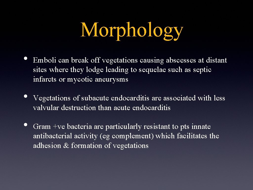 Morphology • • • Emboli can break off vegetations causing abscesses at distant sites