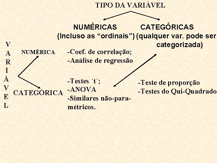 TIPO DA VARIÁVEL NUMÉRICAS CATEGÓRICAS (Incluso as “ordinais”) (qualquer var. pode ser categorizada) -Coef.