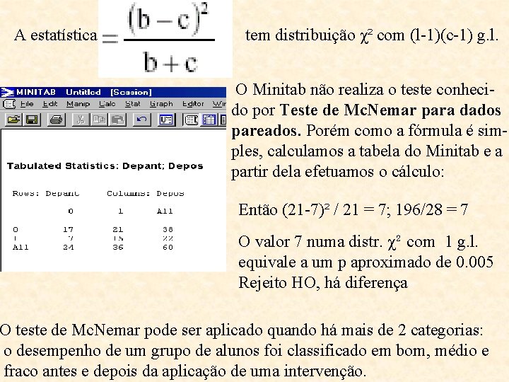 A estatística tem distribuição χ² com (l-1)(c-1) g. l. O Minitab não realiza o