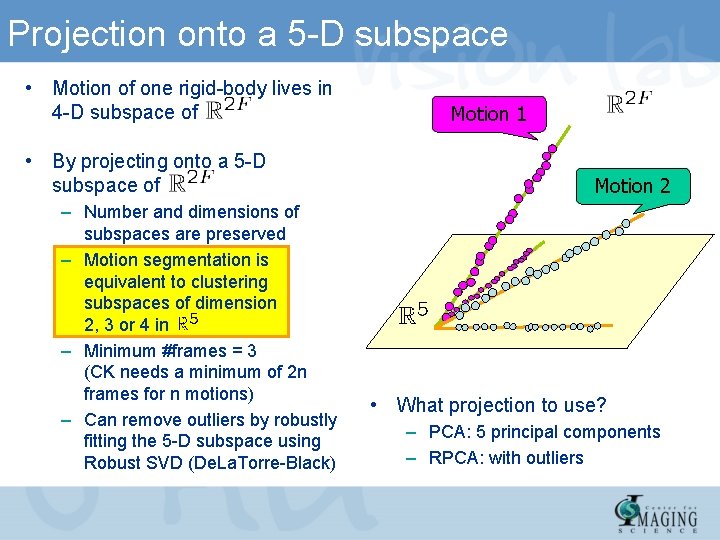 Projection onto a 5 -D subspace • Motion of one rigid-body lives in 4 Projection onto a 5 -D subspace • Motion of one rigid-body lives in 4