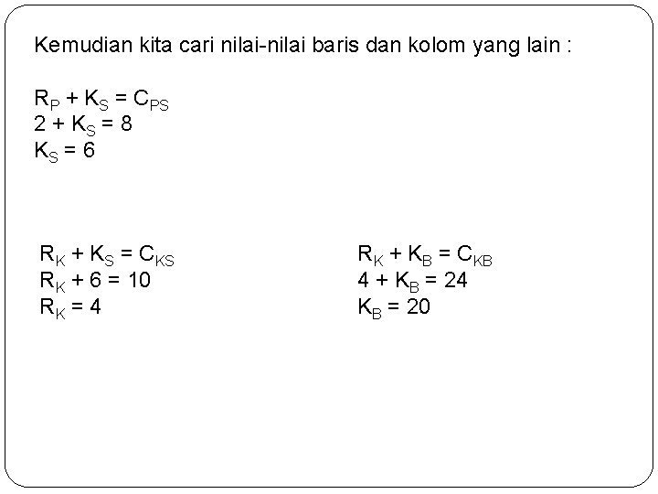 Kemudian kita cari nilai-nilai baris dan kolom yang lain : RP + KS = Kemudian kita cari nilai-nilai baris dan kolom yang lain : RP + KS =