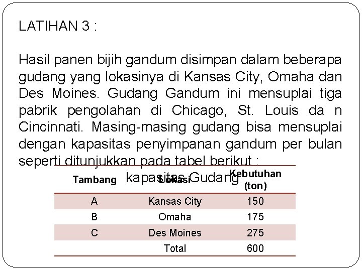 LATIHAN 3 : Hasil panen bijih gandum disimpan dalam beberapa gudang yang lokasinya di LATIHAN 3 : Hasil panen bijih gandum disimpan dalam beberapa gudang yang lokasinya di