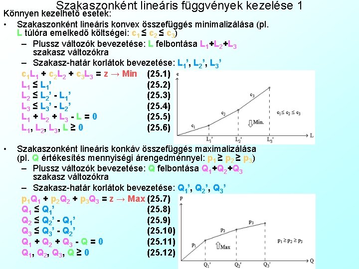 Szakaszonként lineáris függvények kezelése 1 Könnyen kezelhető esetek: • Szakaszonként lineáris konvex összefüggés minimalizálása