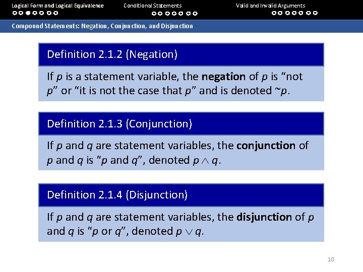 Logical Form and Logical Equivalence Conditional Statements Valid and Invalid Arguments Compound Statements: Negation,