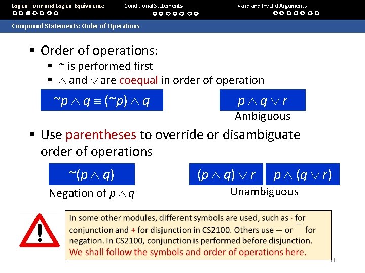 Logical Form and Logical Equivalence Conditional Statements Valid and Invalid Arguments Compound Statements: Order